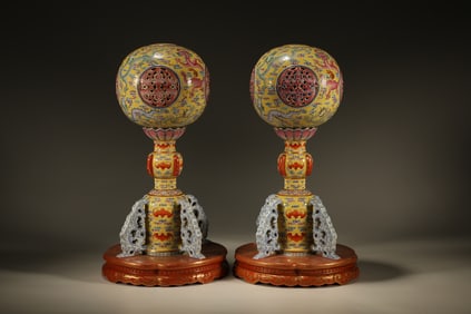 Pair of Famille Rose Dragon Pattern Porcelain Incense Burner