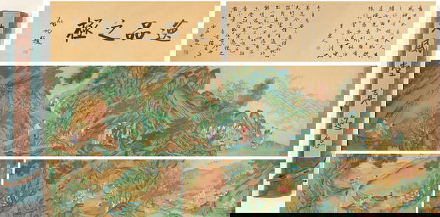 Chinese Drawing Landscape and Character Story Hand Scroll,Zhang Daqian Mark: Chinese Drawing Landscape and Character Story Hand Scroll,Zhang Daqian Mark (502 x 33cm)
