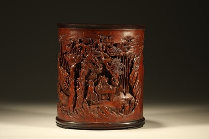 Bamboo Carved Pine Tree and Character Story Pattern Brush Pot