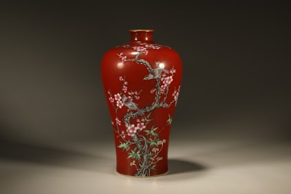 Red Glazed Famille Rose Magpie with Plum Flower Pattern Porcelain Vase