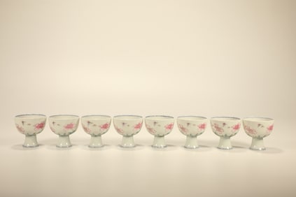 Group of Eight Famille Rose Flower with Butterfly Pattern Porcelain Cup