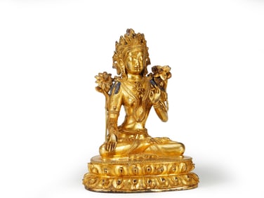 A GILT BRONZE FIGURE OF TARA