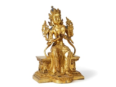 A GILT BRONZE FIGURE OF SEATED MAITREYA