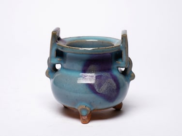 A JUN WARE SKY-BLUE GLAZED PURPLE-SPOTTED CLAMPED CENSER
