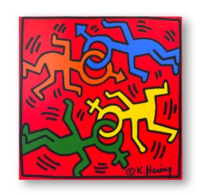 A ACRYLIC PAINTING ON CANVAS WITH THE MARK OF KEITH HARING