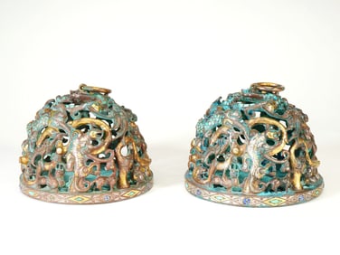 A PAIR OF COPPER WITH SILVER AND GOLD 'DRAGON AND PHOENIX'PAPER WEIGHT