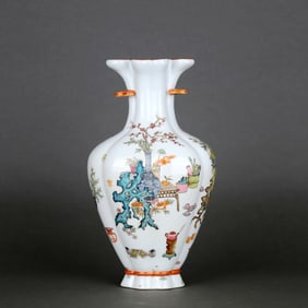 A FAMILLE ROSE "ANTIQUITIES" GANODERMA-HANDLED VASE