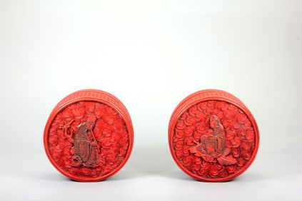 A CARVED CINNABAR LACQUER 'GUANYIN' BOX AND COVER