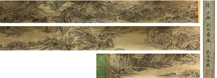 A CHINESE LONG SCROLL HAND PAINTING WITH THE MARK OF WANG JIAN