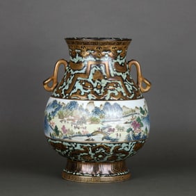 A BRONZE-IMITATION GLAZED FAMILLE ROSE LANDSCAPE-PATTERN VASE WITH RUYI HANDLES