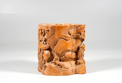 A BOXWOOD LANDSCAPE AND FIGURE BRUSH POT