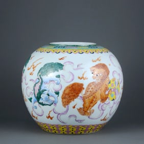 A FAMILLE ROSE "LION PLAYING WITH BALL" JAR