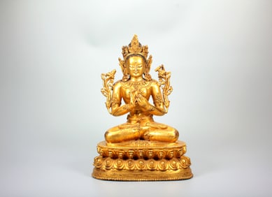 A GILT BRONZE STATUE OF MANJUSHRI BODHISATTVA