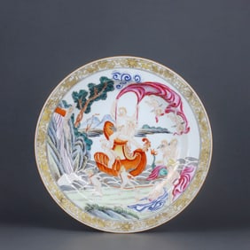 A FAMILLE ROSE GILT 'WESTERN FIGURAL' DISH