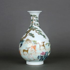 A FAMILLE ROSE "DEER AND PINE" YUHUCHUN VASE