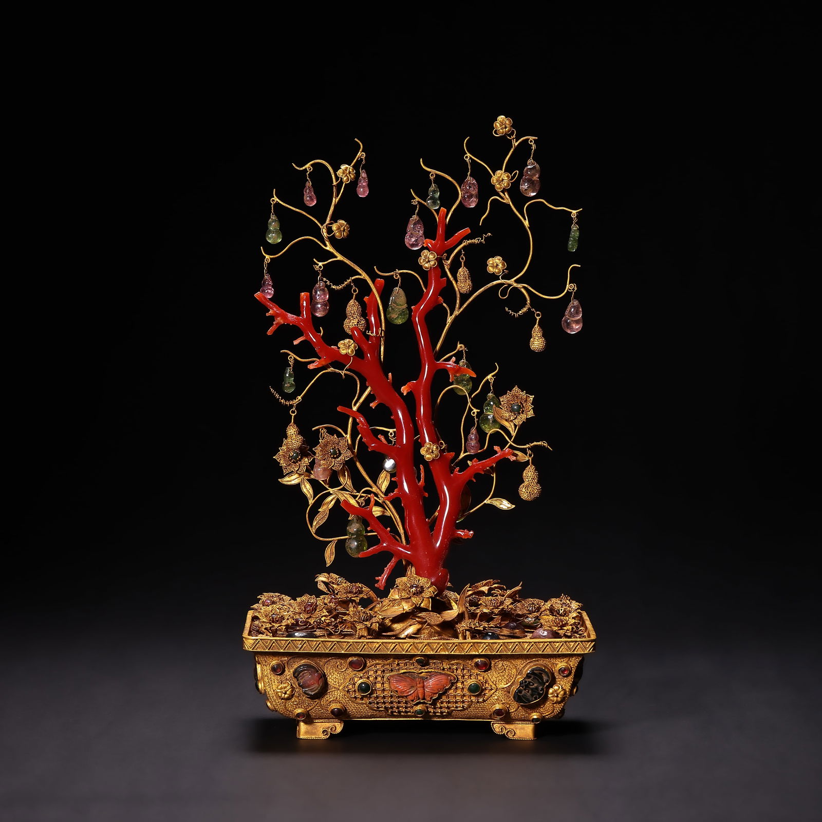 Gilt Silver Inlaid Gem Stone Carved Flower and Flower Pot Figure