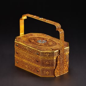 Gilt Silver Carved Flower and Bat Pattern Food Tray Box