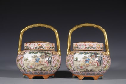 Pair of Famille Rose Playing Children Pattern Porcelain Handle Incense Burner