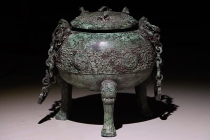 Chinese Bronze Carved Beast Face Pattern Ding