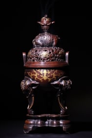 Gilt Bronze Carved Flower Pattern Double Ears Three Elephant Foots Incense Burner