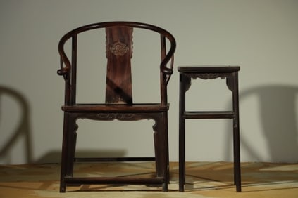 Group of Two Red Sandalwood Carved Flower and Dragon Pattern Chair and Square Table