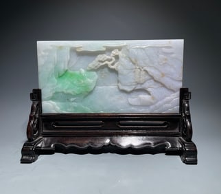 Jadeite Carved Landscape and Character Pattern Table Plaque