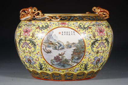 Famille Rose Landscape and Flower Pattern Porcelain Double Chi Dragon Ears Pot