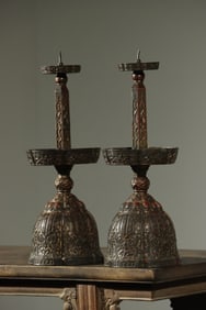 Pair of Bronze Carved Flower Pattern Candlestick