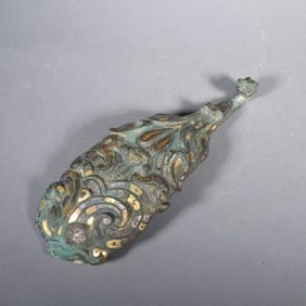 Chinese Bronze Gold and Silver Inlaid Carved Dragon Shape Belt Hook
