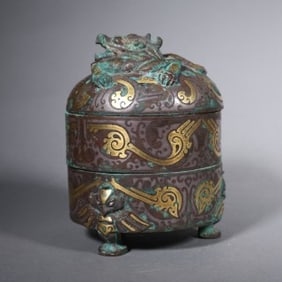 Chinese Bronze Gold and Silver Inlaid Carved Dragon Pattern Lid Pot
