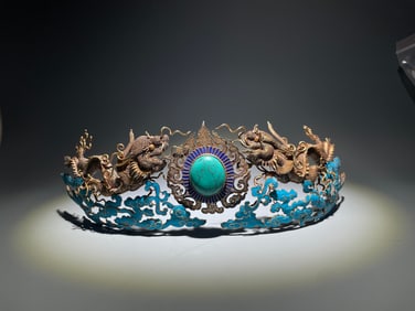 Gilt Silver Blue Feather Inlaid Carved Dragon Pattern Hairpin