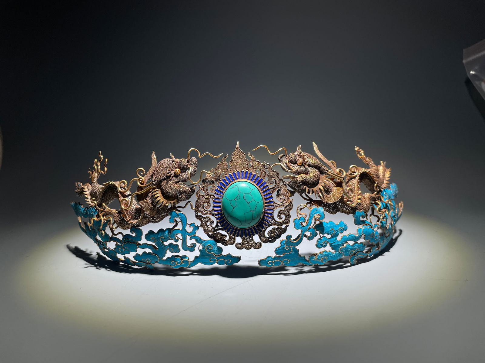 Gilt Silver Blue Feather Inlaid Carved Dragon Pattern Hairpin (1 of 6)