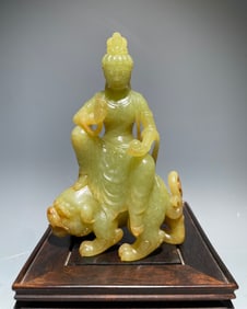 Jade Carved GuanYin and Beast Figure