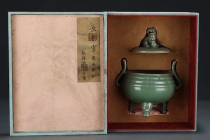 Longquan Ware Porcelain Double Ears Incense Burner and Lion Shape Lid