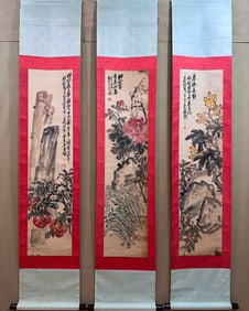 Group of Three Chinese Drawing Landscape Painting,Wu Changshuo Mark