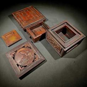 Group of Five Wood Carved Dragon and Fish Pattern Box and Ink Stone