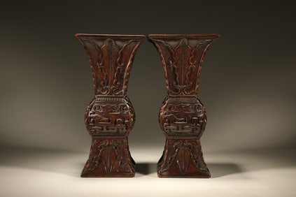 Pair of Agarwood Carved Dragon Pattern Vase