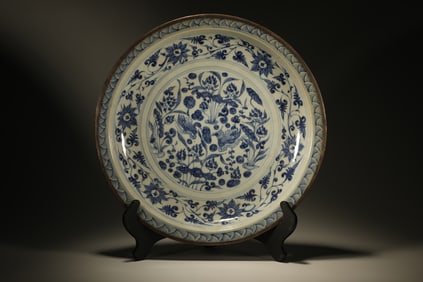 Blue and White Lotus Flower and Mandarin Duck Pattern Porcelain Plate