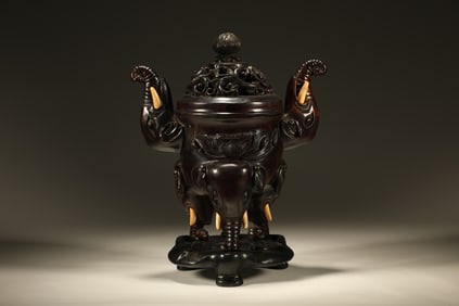 Red Sandalwood Carved Flower Pattern Double Elephant Ears Incense Burner