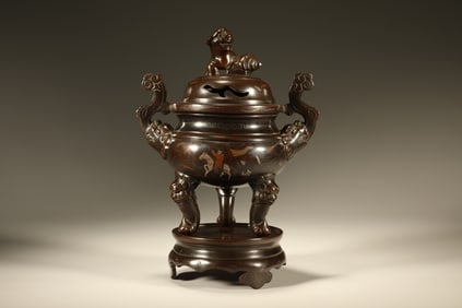 Gilt Bronze Carved Character Story Pattern Double Beast Ears Incense Burner