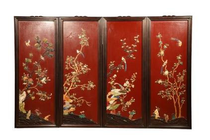 Group of Four Red Sandalwood Inlaid Lacquerware and Gem Stone Carved Flower and Bird Pattern Wall