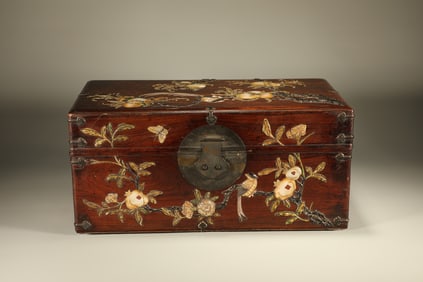 Huanghuali Wood Inlaid Gem Stone Carved Flower and Peach Pattern Box