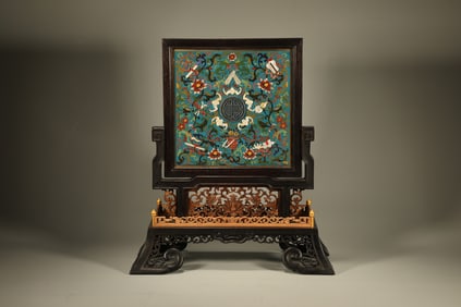 Red Sandalwood Inlaid Gem Stone and Bronze Cloisonne Carved Flower and Bat Pattern Table Plaque