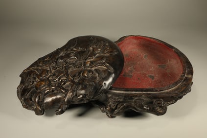 Agarwood Carved Flower and Peach Pattern Peach Shape Lid Box