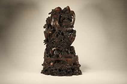 Agarwood Carved Pine Tree and Character Ornament