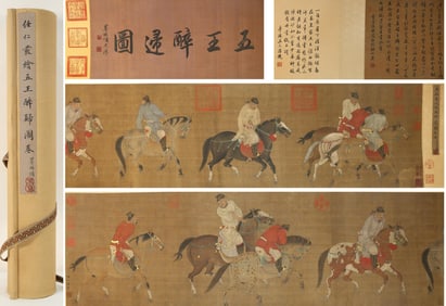 Chinese Drawing Character Story and Horse Hand Scroll,Ren Renfa Mark