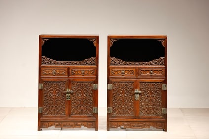 Pair of Huanghuali Wood Carved Flower and Dragon Pattern Cabinet