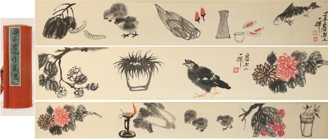 Chinese Drawing Flower and Bird Hand Scroll,Qi Baishi Mark
