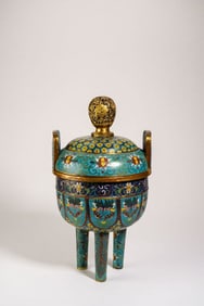 Bronze Cloisonne Carved Flower Pattern Double Ears Incense Burner