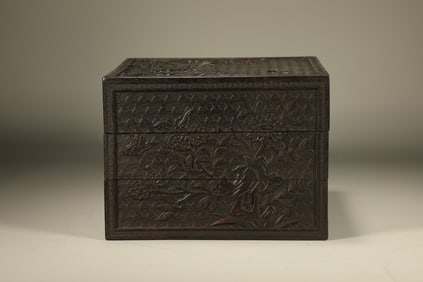 Red Sandalwood Carved Flower and Bird Pattern Lid Box